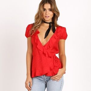 For Love & Lemons Gabriella Dot Silk Wrap Blouse - US Size M